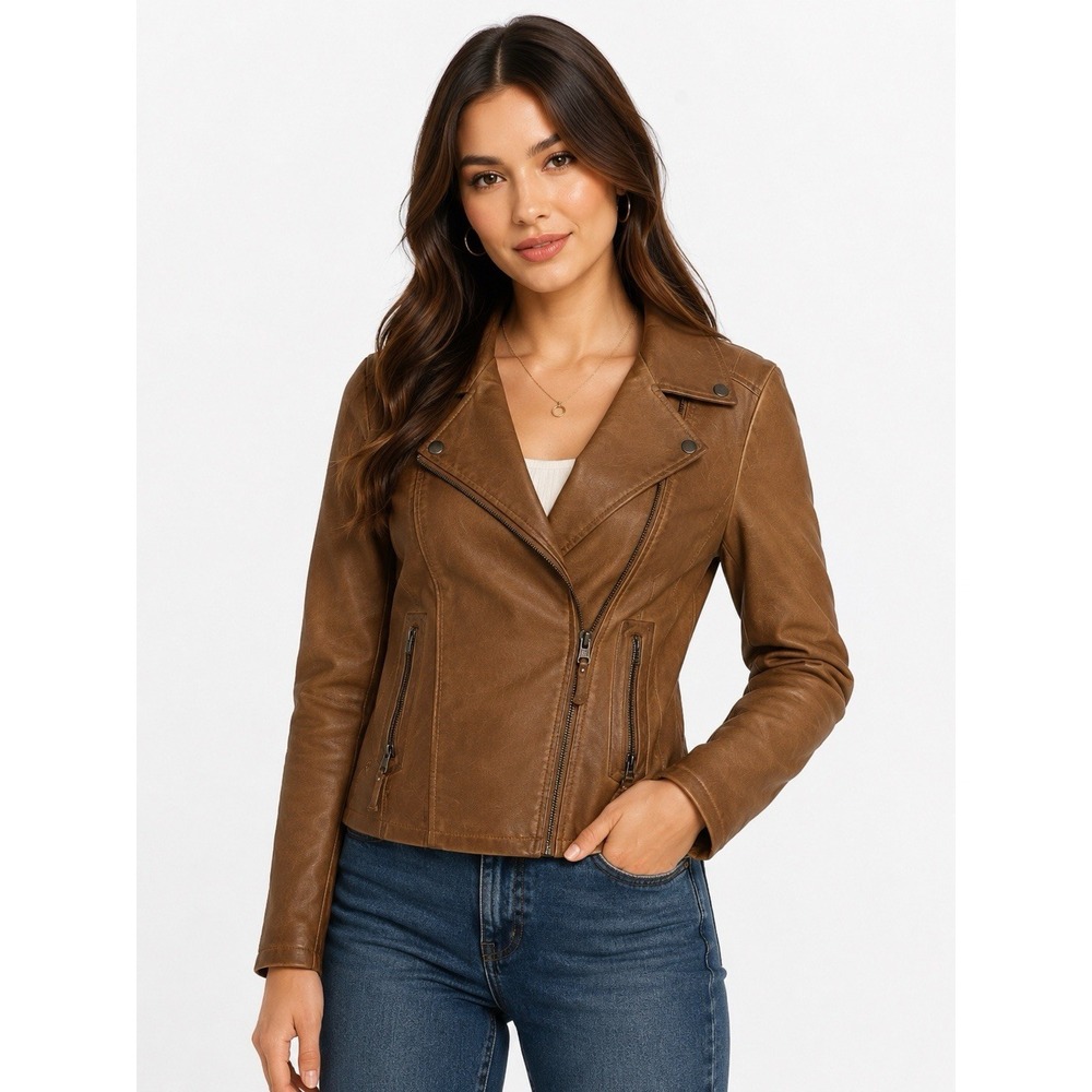 Max Studio Cognac Brown Faux Leather Moto Jacket Asymmetrical Size Large